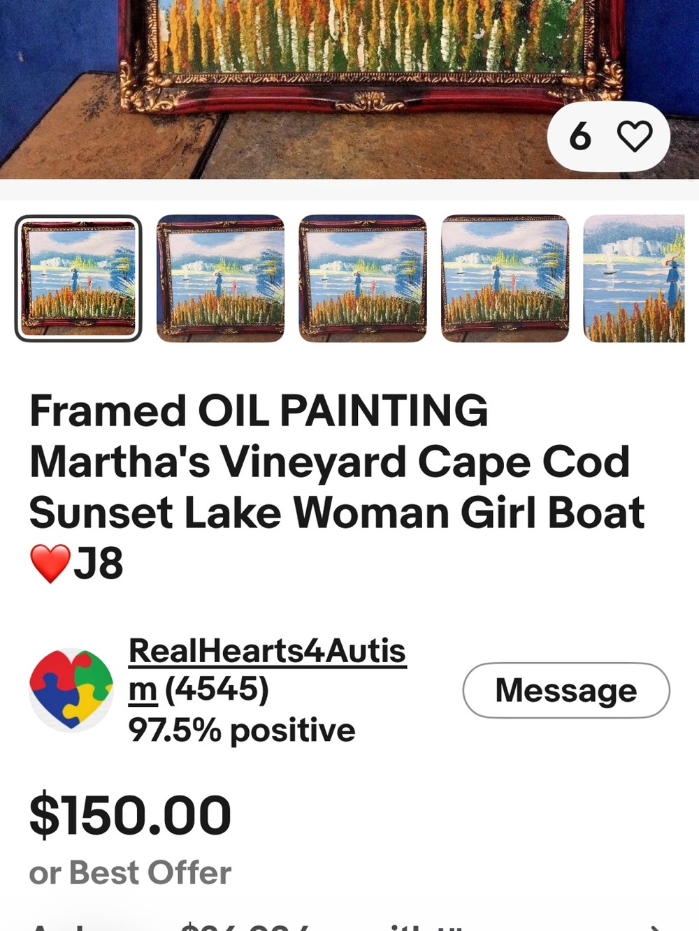 Framed OIL PAINTING Martha's Vineyard Cape Cod Sunset Lake Woman Girl Boat - Picture 6 of 8
